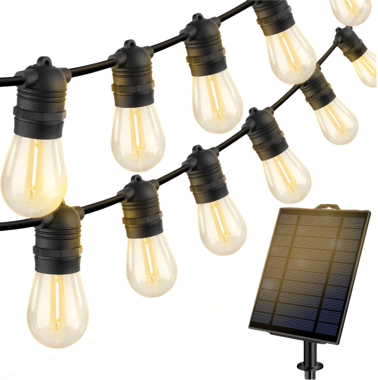 Ghirlandă Solară Decorativă 10m cu 10 Becuri LED Filament 2W – Lumina Caldă, IP65, Panou Solar & Încărcare USB, Interconectabilă