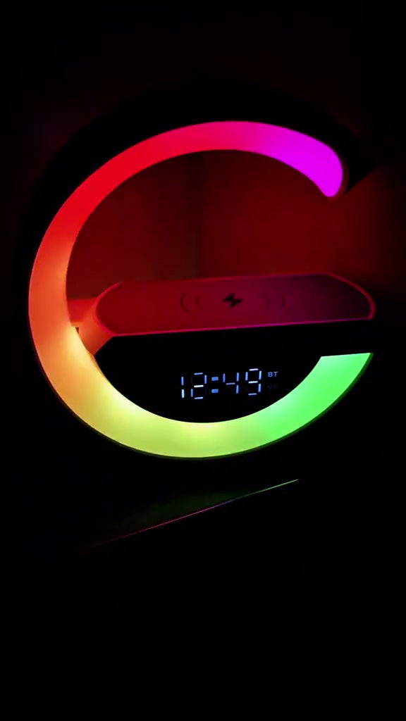 Lampa LED RGB Smart pentru birou, încărcare wireless telefon, Boxa Bluetooth, ceas și alarmă