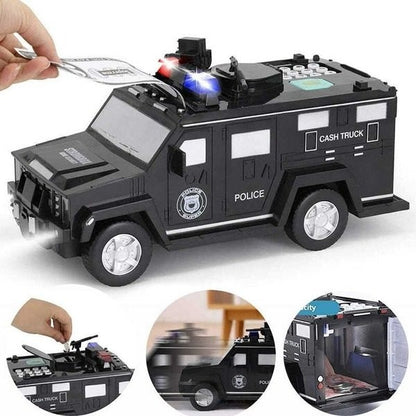 Pușculiță interactivă pentru bani, design camion blindat de poliție pentru copii cu efecte de lumină și sunet