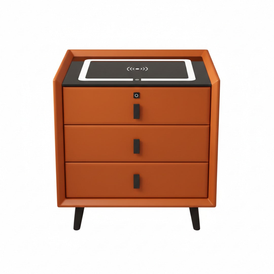 Noptieră Inteligentă 3 în 1: Boxă Bluetooth Incorporată, Încărcare Wireless 15W, Lumină LED, 3 Sertare, Portocaliu
