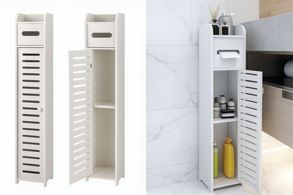 Dulap Îngust de Baie 3-în-1 – Suport Hartie Igienică, Rafturi și Depozitare Ascunsă, Alb Premium