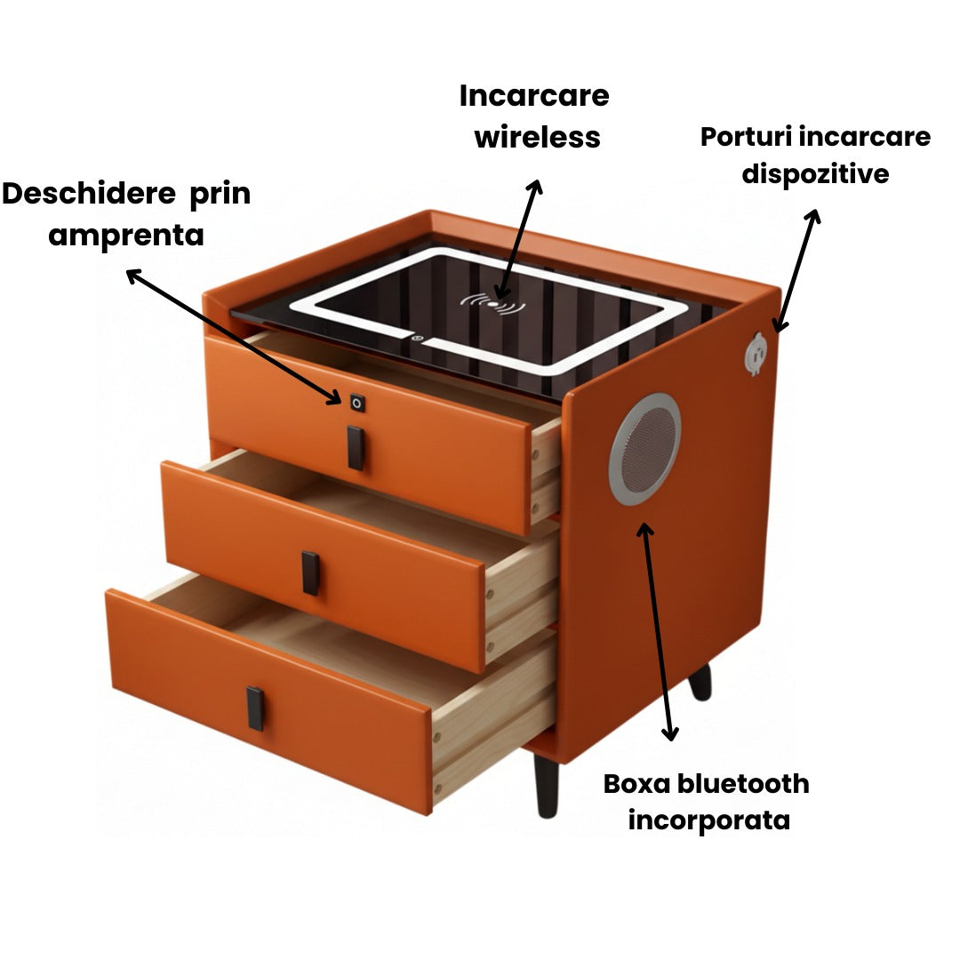 Noptieră Inteligentă 3 în 1: Boxă Bluetooth Incorporată, Încărcare Wireless 15W, Lumină LED, 3 Sertare, Portocaliu