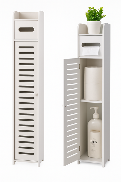 Dulap Îngust de Baie 3-în-1 – Suport Hartie Igienică, Rafturi și Depozitare Ascunsă, Alb Premium