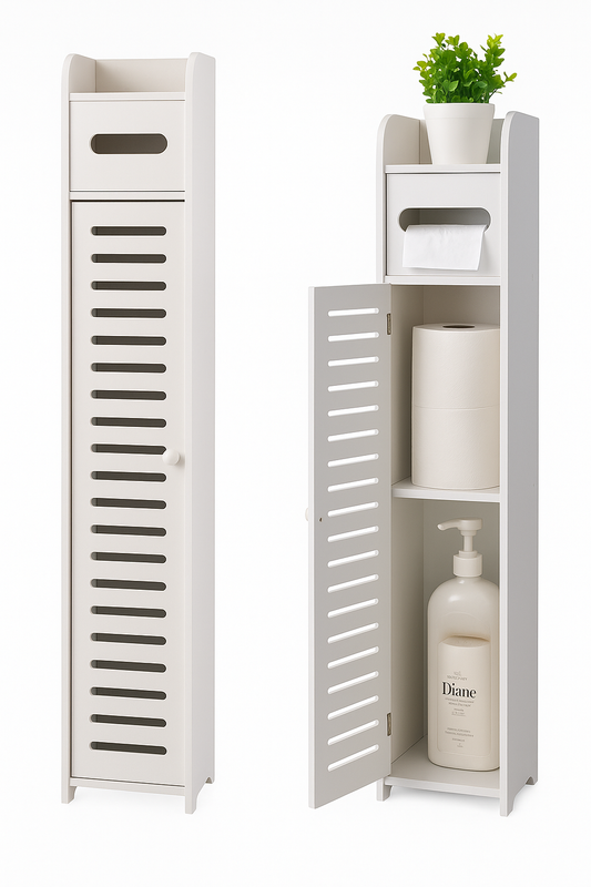 Dulap Îngust de Baie 3-în-1 – Suport Hartie Igienică, Rafturi și Depozitare Ascunsă, Alb Premium