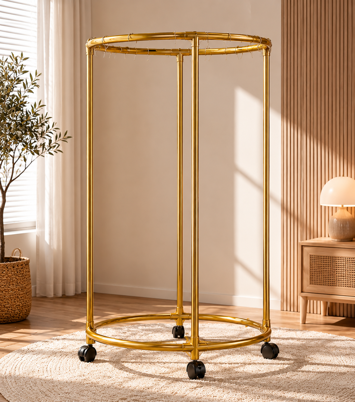 SUPORT ROTUND HAINE, OȚEL INOX, AURIU , 130 CM, 40 KG, PE ROȚI