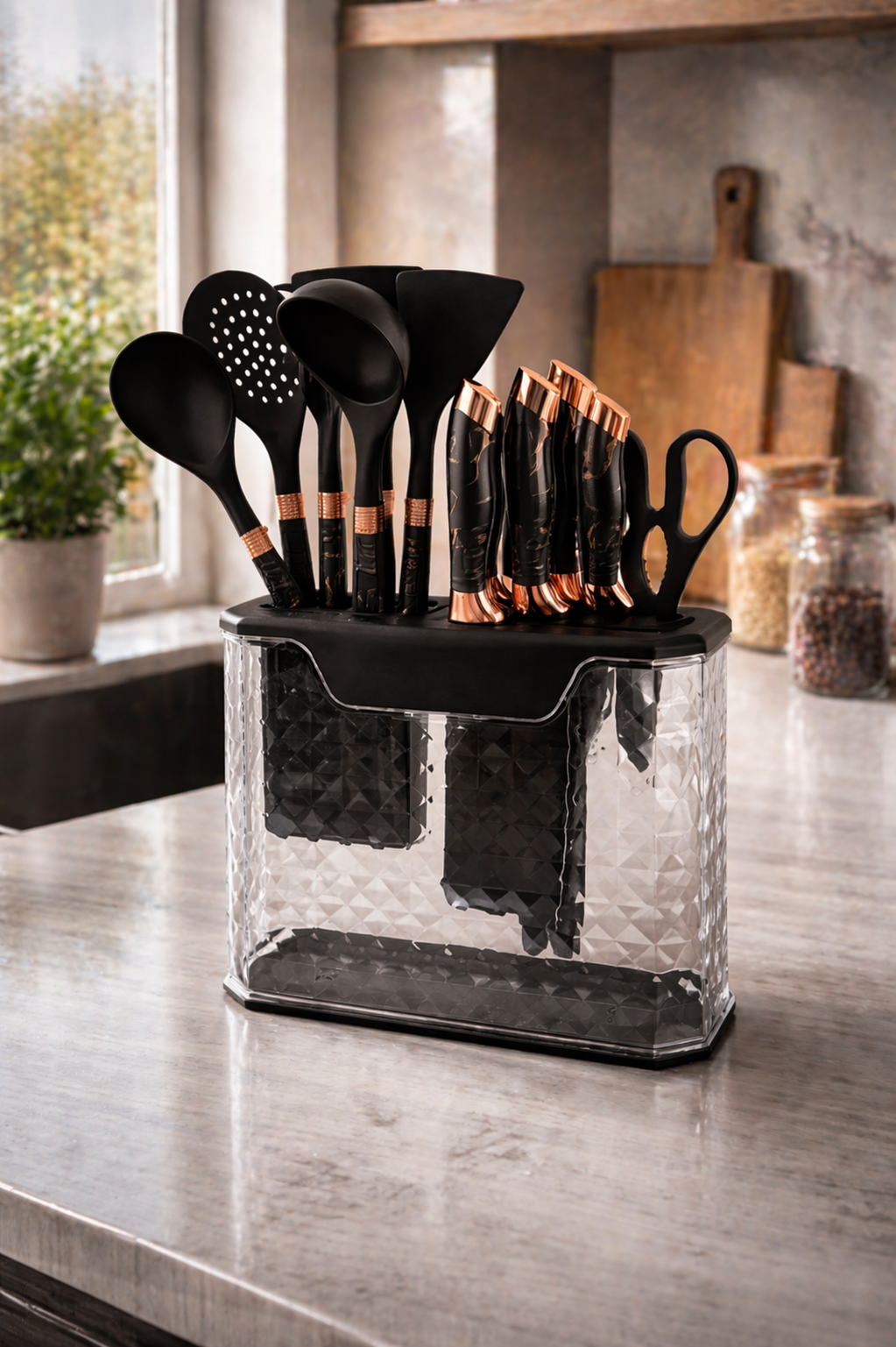 Set 16 Piese Ustensile Bucătărie din Silicon & Set Cuțite cu Suport – Design Modern, Multifuncțional