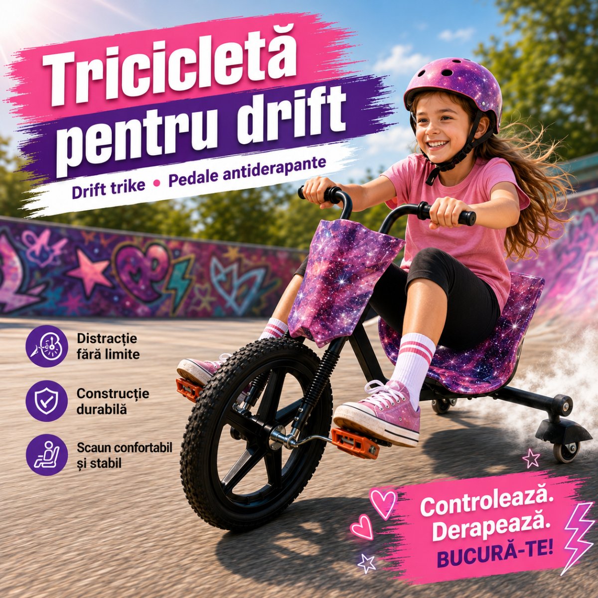 Tricicletă Drift Copii 6+ ani, Capacitate 100 kg, Pedale Antiderapante, Scaun Stabil, Roată Față 40 cm