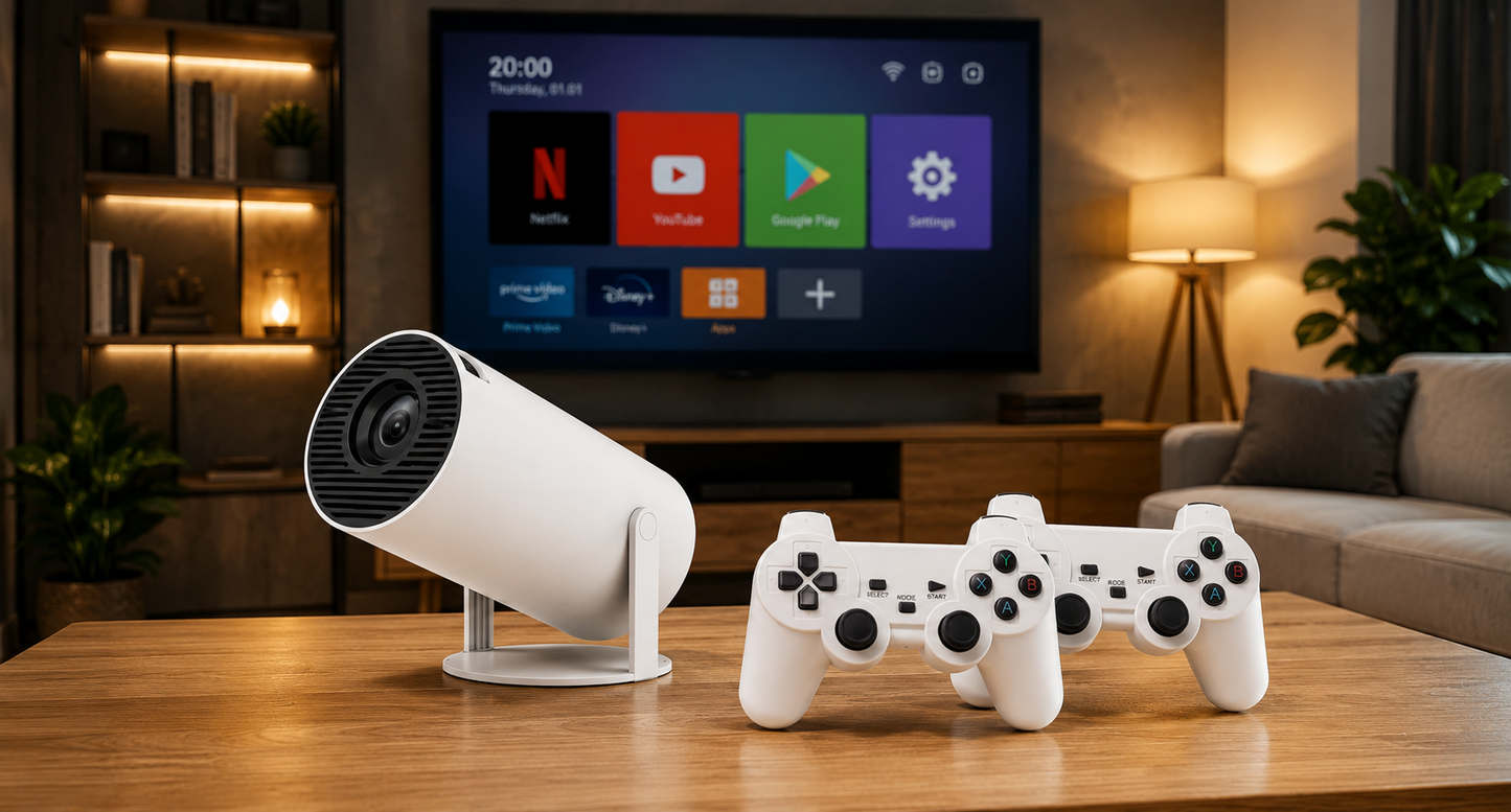 Videoproiector Portabil Inteligent cu 2 Controllere – Android 11, 4K, Wi-Fi 6, 130 inch