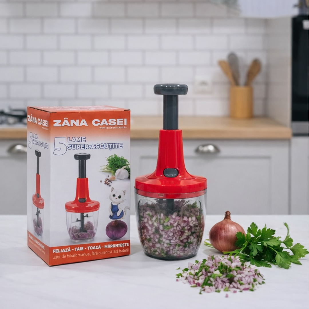 Chopper Manual Multifuncțional 5 Lame Inox, 2 Recipiente 900ml + 400ml, Accesoriu pentru Amestecare Rapidă, Fără Curent, Roșu