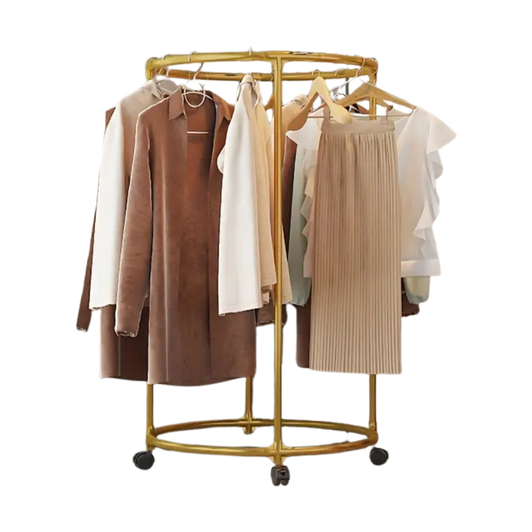 SUPORT ROTUND HAINE, OȚEL INOX, AURIU , 130 CM, 40 KG, PE ROȚI