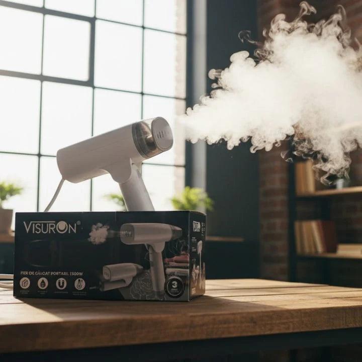 Fier de Călcat cu Abur Portabil VISURON 1500W, Încălzire Rapidă 30s, Pliabil, Compact – Ideal pentru Acasă și Călătorii