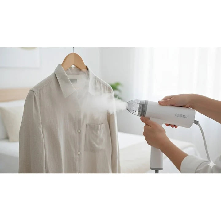 Fier de Călcat cu Abur Portabil VISURON 1500W, Încălzire Rapidă 30s, Pliabil, Compact – Ideal pentru Acasă și Călătorii