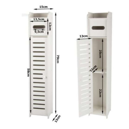 Dulap Îngust de Baie 3-în-1 – Suport Hartie Igienică, Rafturi și Depozitare Ascunsă, Alb Premium