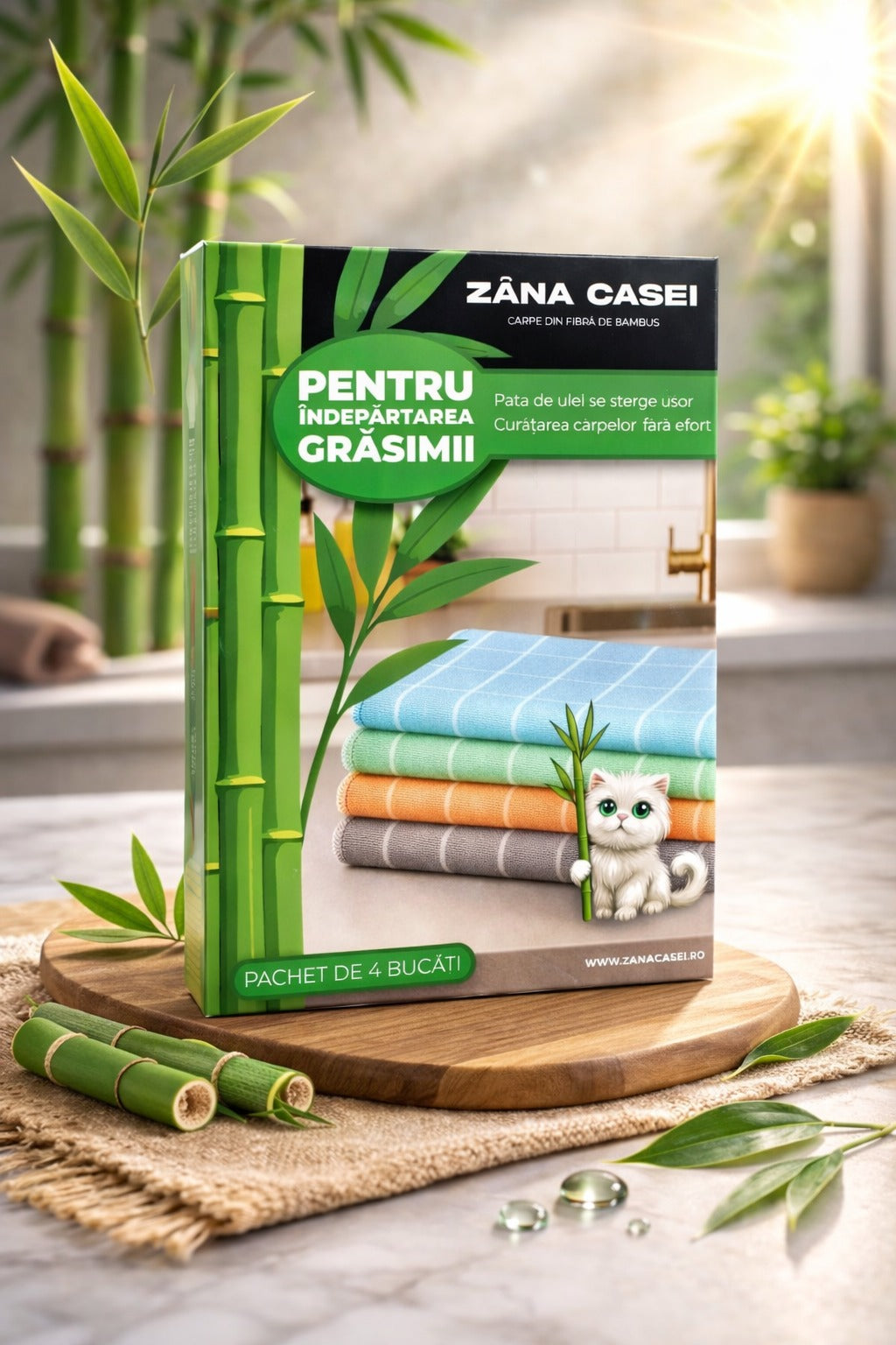 Set 4 Lavete XXL Din Fibra Naturala de Bambus, 35x35 cm – Curăță Fără Detergenți, Lavabile