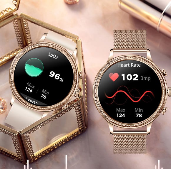 Ceas Smartwatch Dama, Curea Metalica și Silicon Sunshine Gold