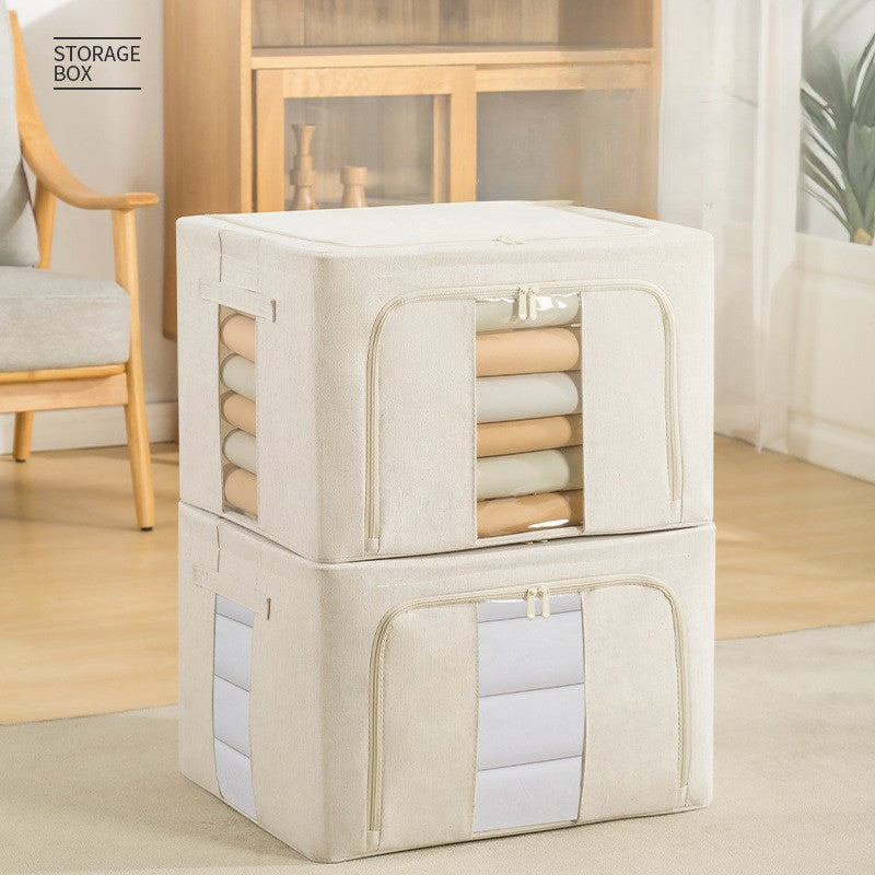 1+1 Cutie de Depozitare Pliabilă Crem, 66L – Textil Premium, Fereastră, Fermoar Dublu, Cadru Metalic, 50x40x33 cm