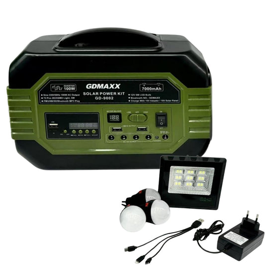 Kit Portabil Energie Solară GDLITE-9002 – 100W, Panou Solar, Boxă FM/MP3, Iluminare LED, Geantă de Depozitare