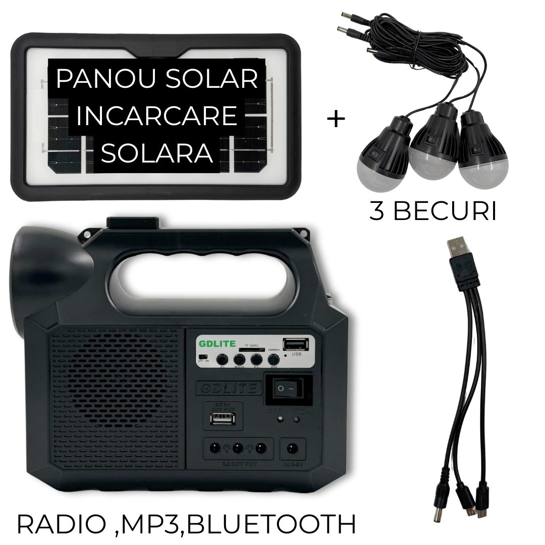 Kit Solar GDlite GD-8017 – Panou Solar, 3 Becuri LED, Radio FM, Bluetooth, MP3, Încărcare Telefon – Energie Oriunde!