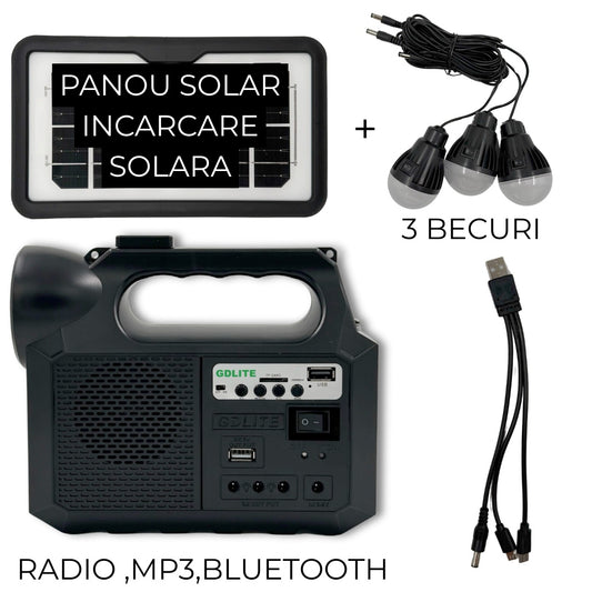 Kit Solar GDlite GD-8017 – Panou Solar, 3 Becuri LED, Radio FM, Bluetooth, MP3, Încărcare Telefon – Energie Oriunde!