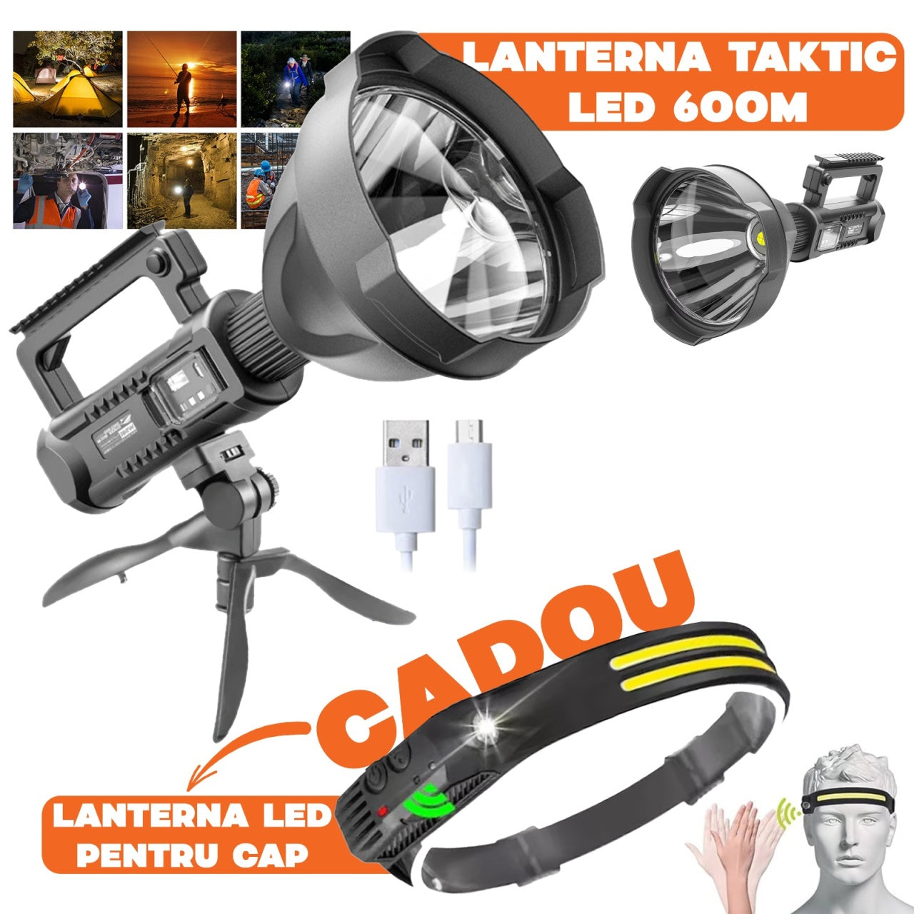 Lanterna LED, 31 cm, încărcare USB, trepied inclus