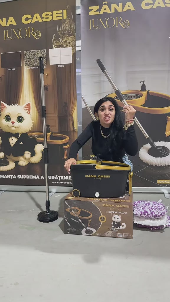 Mop Rotativ Zâna Casei® Luxor – Set Premium cu 4 Rezerve, Cuva din Inox