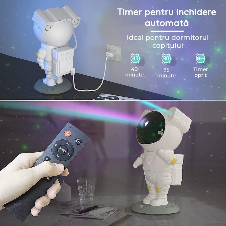 Proiector de Stele Astronaut – Lampa de Veghe cu Rotire 360°, Telecomandă și Efecte de Galaxie