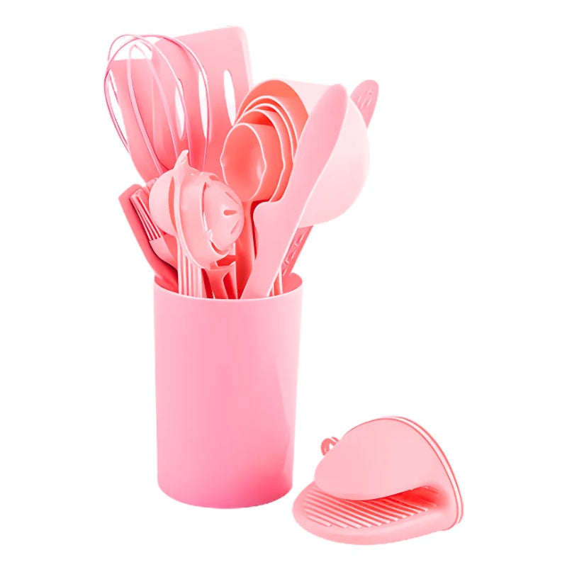 Set Ustensile Bucătărie 21 Piese din Silicon – Roz, Antiaderent, Design Modern